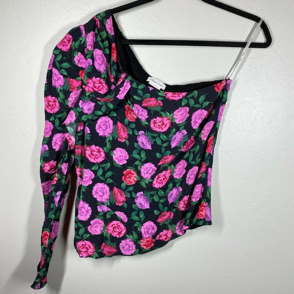 LOVERS + FRIENDS Pink/Purple Roses Print One Shoulder Puff Sleeves Blouse Top